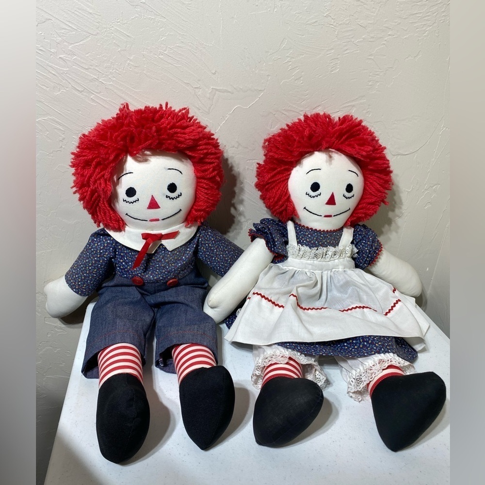 Vintage Handmade Raggedy Ann & Andy Dolls Matching Outfits 24”